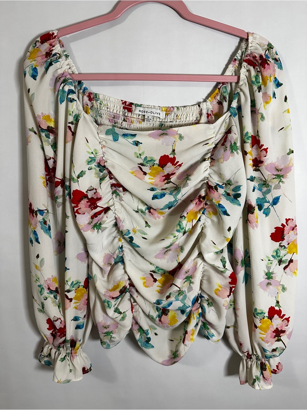 #127 Rose & Olive Ivory Floral Ruched Square-Neck Blouse